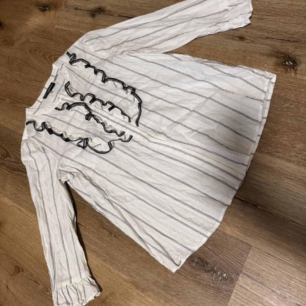 Karl Lagerfeld Paris White & Black Striped Blouse with Ruffle‎ Bodice Size S